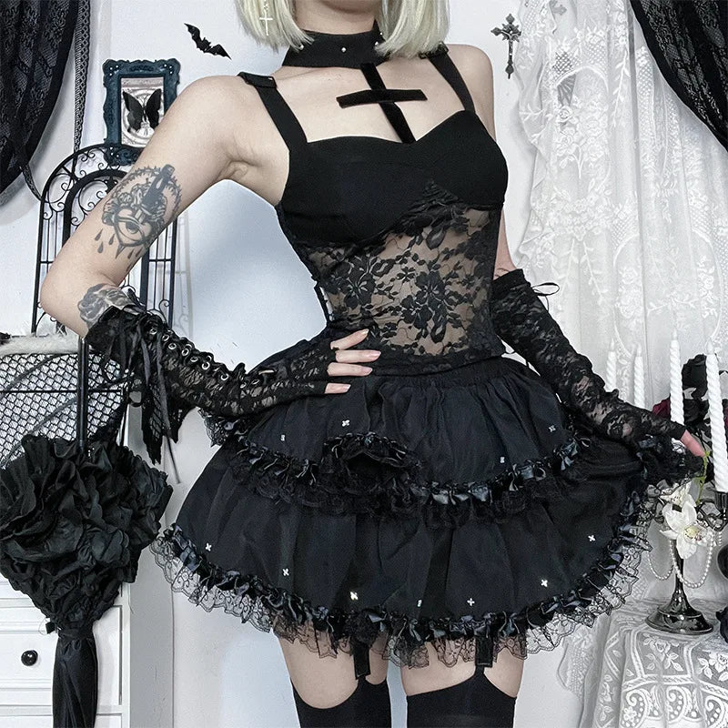 Black American Gothic Dark Camisole Women Y2k Lace Velvet Vest Top