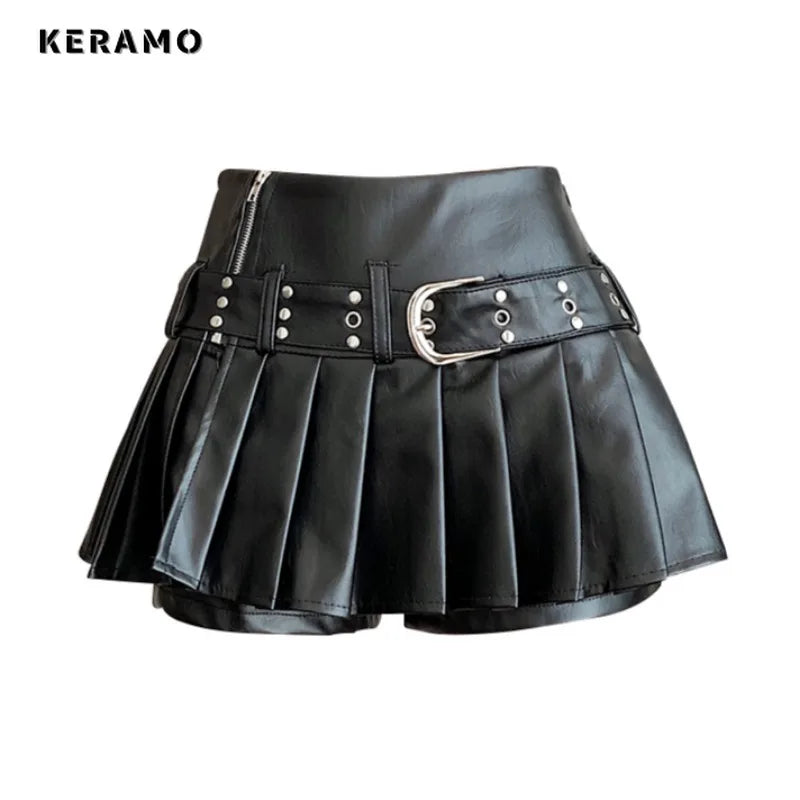 Sexy Black PU Leather Pleated Mini Skirt Skort Clubwear