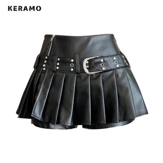 Sexy Black PU Leather Pleated Mini Skirt Skort Clubwear