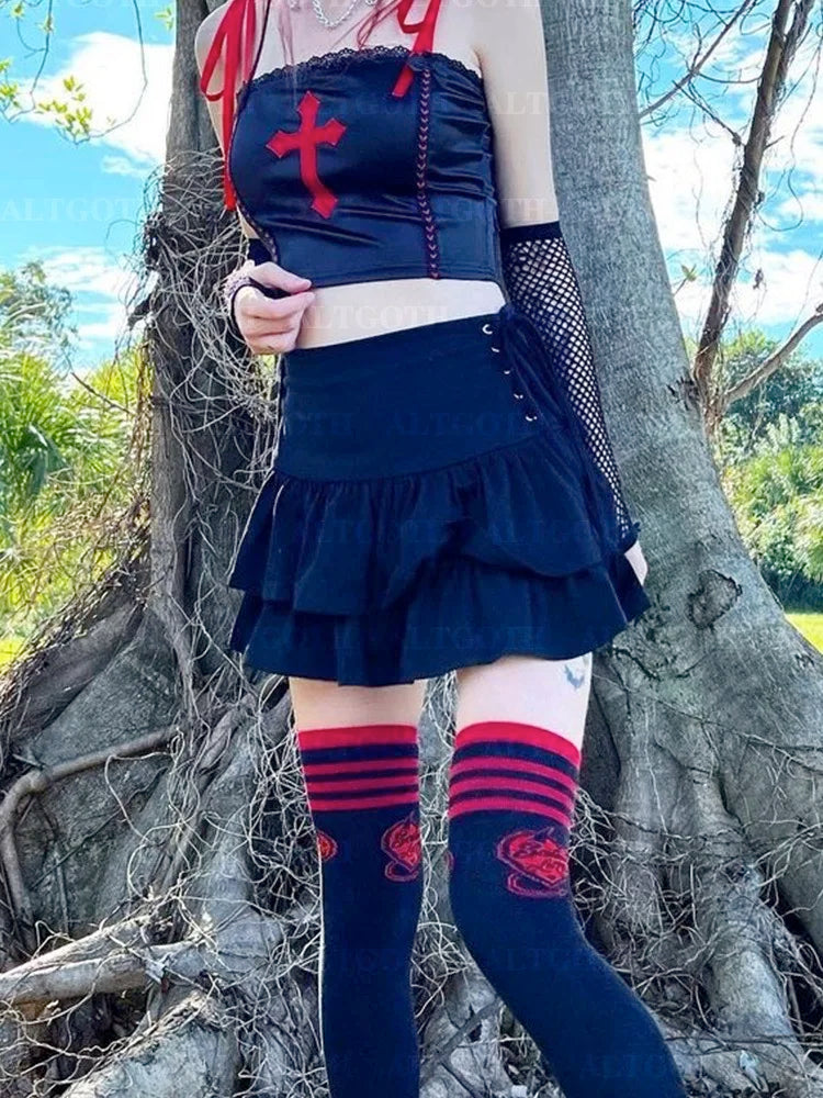 Black Gothic Cake Skirt Dark Punk Streetwear Emo Mini Skirt