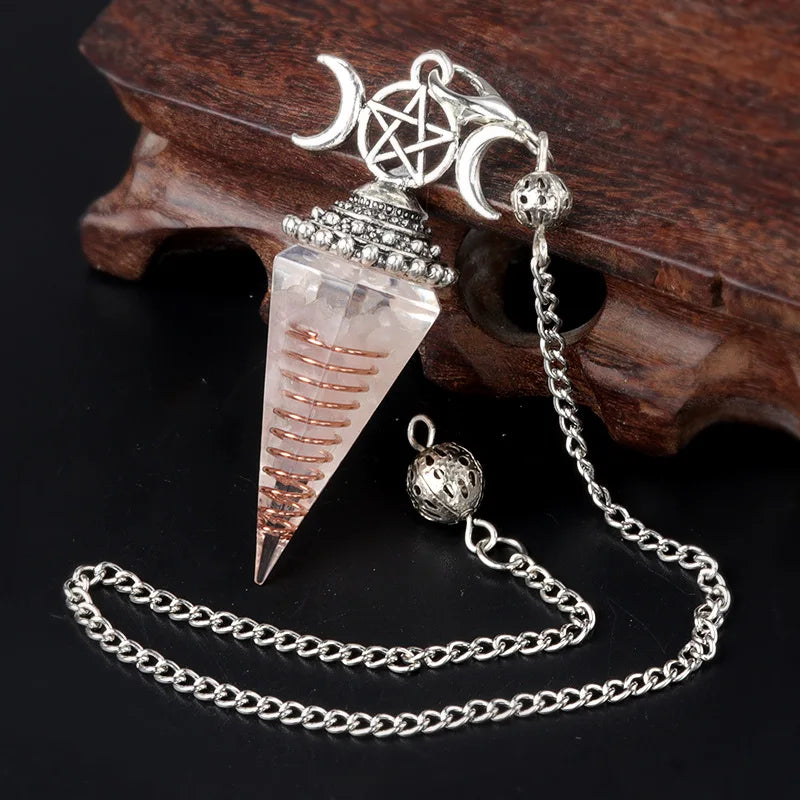 Natural Stone Crystal Reiki Pendulum Three Phases Moon Hexagonal Cone Amethysts Charms