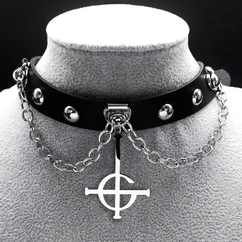 Punk Choker Gothic Satan Inverted Cross Necklace Satanic Jewellery