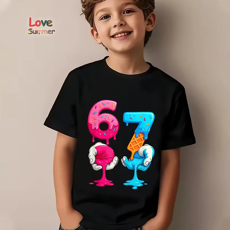 Boys Girls T-Shirt 67 Number Italian Brainrot Summer Top Six Seven Meme Clothes Tshirt