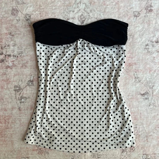 Sexy Black White Polka Dot Spotted Boob Tube Strapless Top