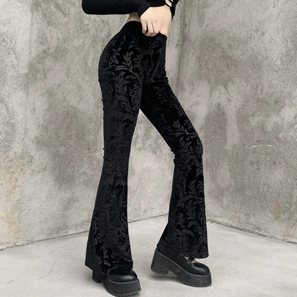 Gothic Floral Print Black Velvet Long Pants Bellbottom Bootcut Flares Trousers