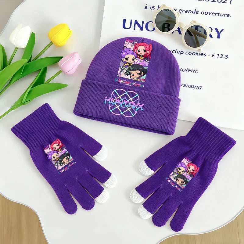 KPop Demon Hunters Knitted Hats Gloves 2pcs Set Huntrix Clothes Gifts