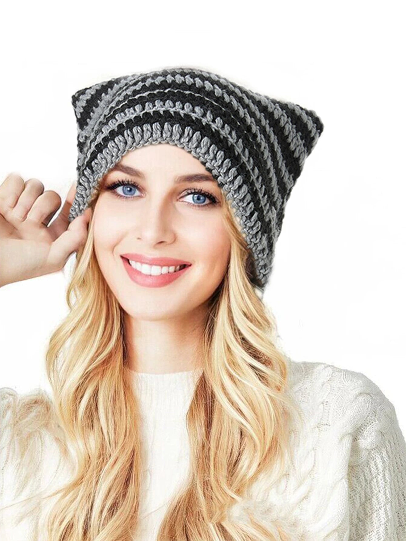Fashion Crochet Cat Ear Beanie Knitted Emo Y2K Slouch Hat