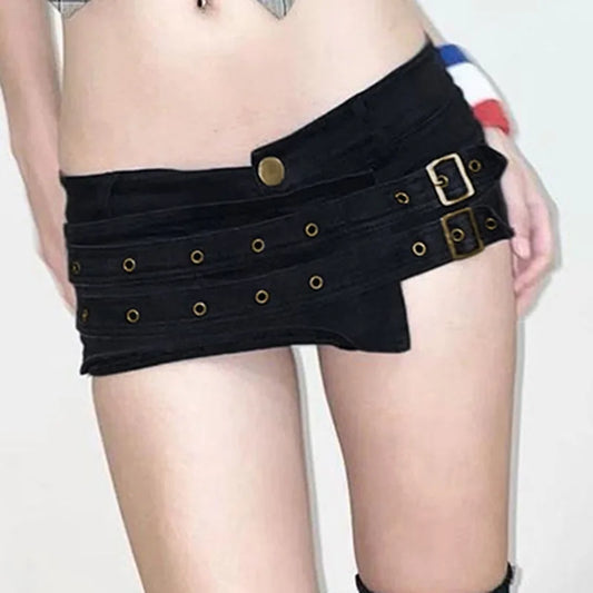Goth Dark Punk Style Metal Buckle Ultrashort Pants Mall Goth Low Waist Skinny Shorts Cyber Y2K Streetwear Women Alt Hot Pants