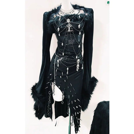 Unique Gothic Alternative Black Skull Studded Spike Asymmetrical Dress