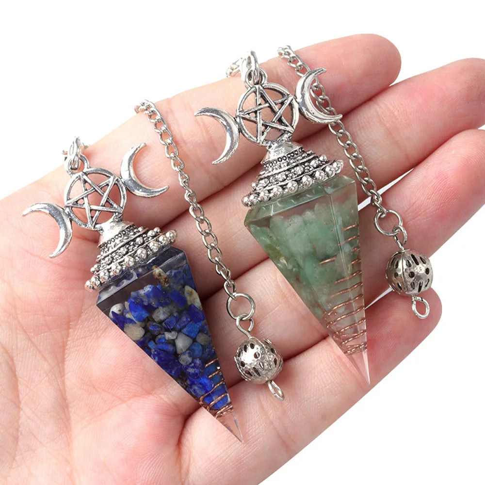 Natural Stone Crystal Reiki Pendulum Three Phases Moon Hexagonal Cone Amethysts Charms