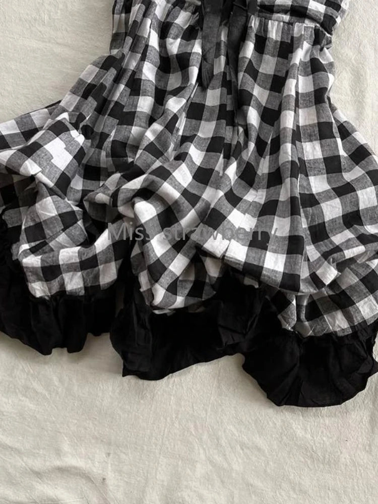Punk Y2K Black White Check Plaid Puffball Dress Top