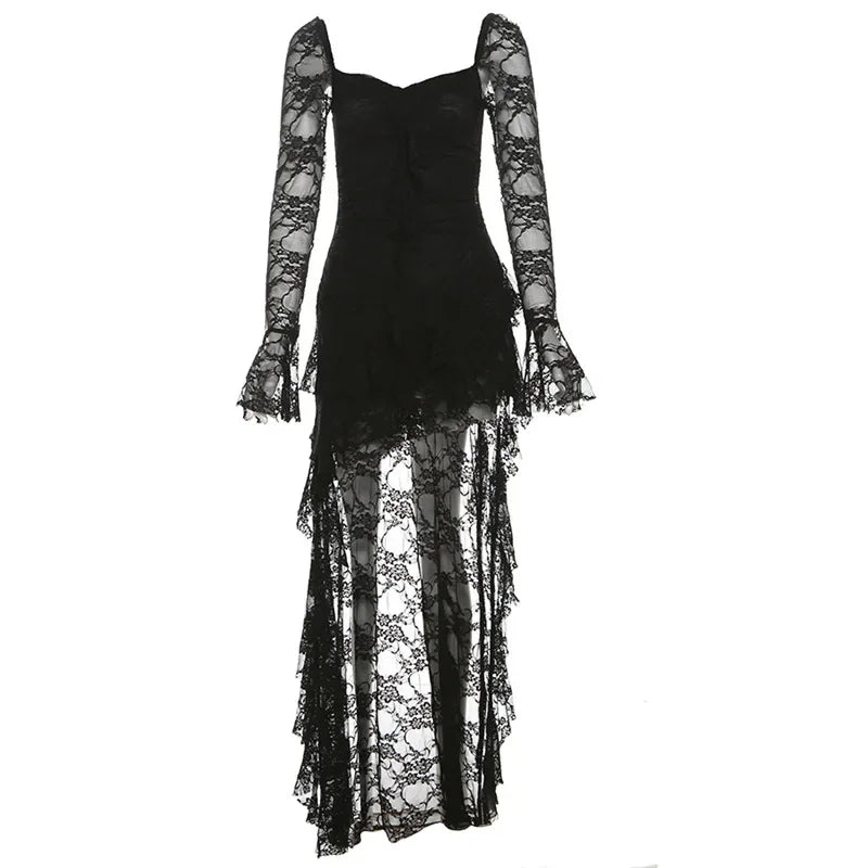 White Fairycore Lace Flare Sleeve Long Train Dress