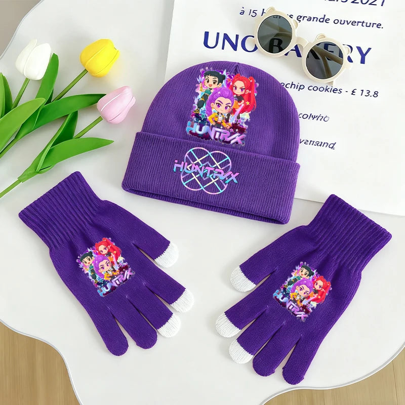 KPop Demon Hunters Knitted Hats Gloves 2pcs Set Huntrix Clothes Gifts