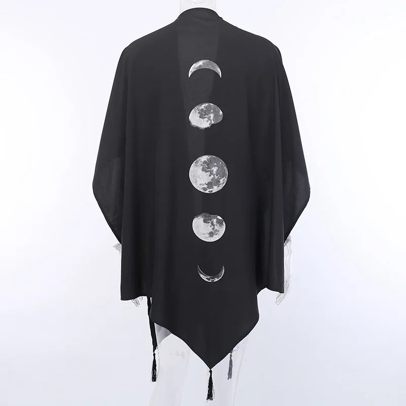 Pagan Gothic Black Retro Moon Print Tassel Cloak Poncho