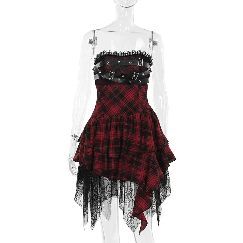 Punk Alternative Red Black Tartan Plaid Belt Buckle Lace Dress