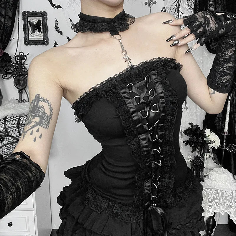 Black Lace Gothic Strapless Bustier Boobtube Corset Top Choker