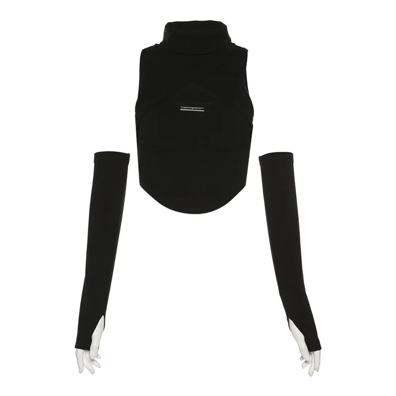 Black Gothic Turtleneck Y2K Crop Top Arm Warmers