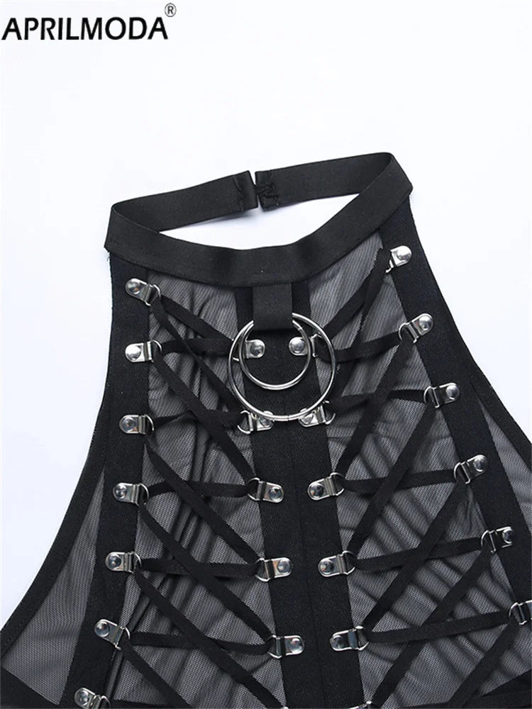 Sexy Punk Gothic Halter Sheer Buckle Mesh Backless Lace up Crop Top