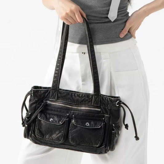 Punk Multiple Pockets Motorcycle Bag Retro Shoulder Bags Soft Pu Leather Handbags