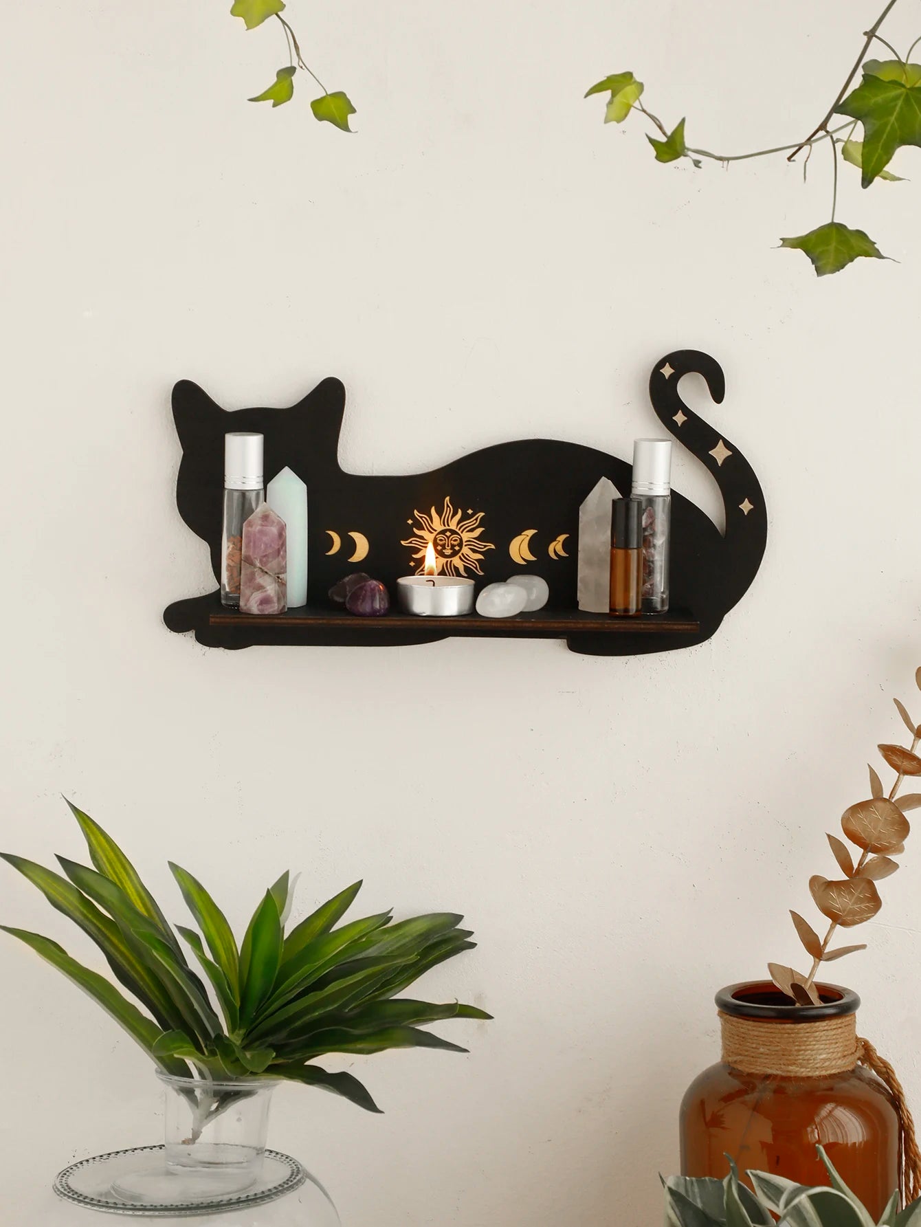 Black Cat Wooden Shelf Gothic Moon Phase Home Decor