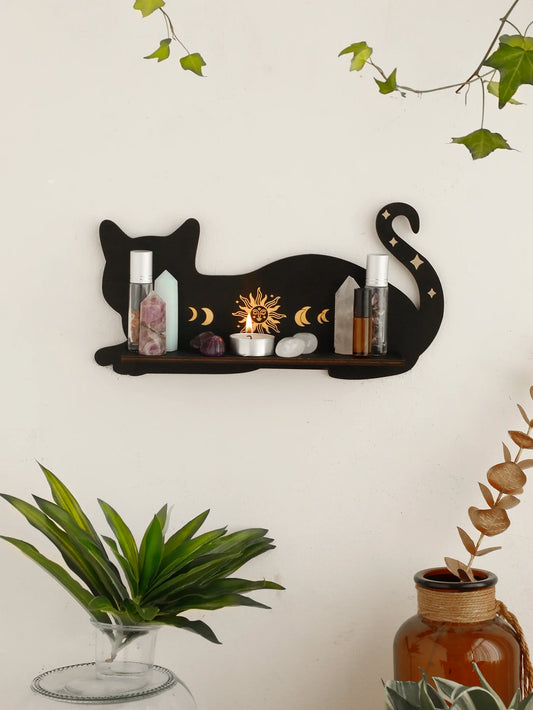Black Cat Wooden Shelf Gothic Moon Phase Home Decor