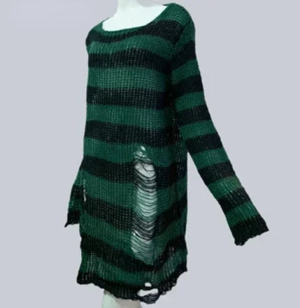Grey Black Gradient Striped Punk Gothic Long Unisex Sweater Ripped Jumper