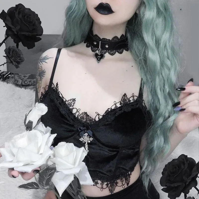 Gothic Black Velvet Lace Emo Crop Tops Bralet Bra Vest Top