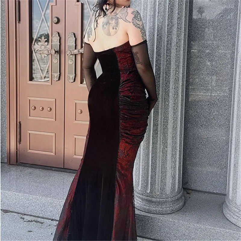 Victorian Gothic Velvet Lace Mesh Vampire Long Mermaid Dress
