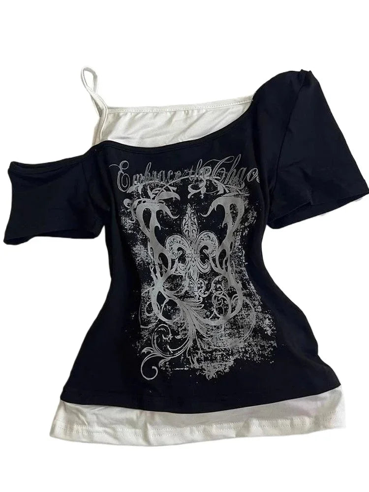 Black Gothic Short Sleeve Vest 2 Layer Top Y2K Style