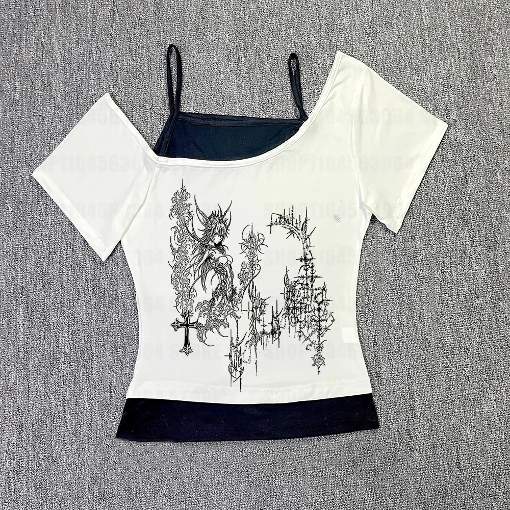 Black White 2000s Y2k TShirt 2 in 1 Vest Top
