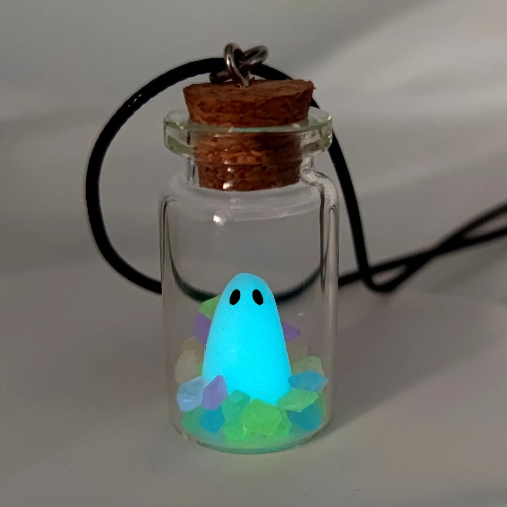 The Adopt A Ghost Necklace, Glow-In-The-Dark Halloween Necklace, Tiny Ghost in A Bottle Pendant Necklace