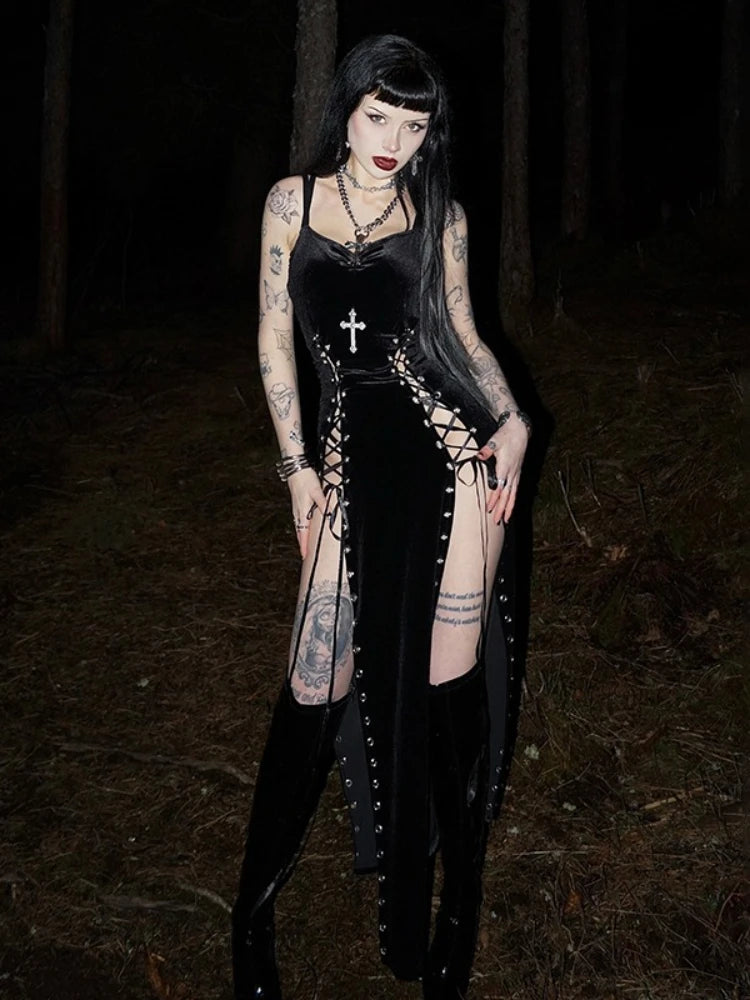 Sexy Gothic Black Dark Velvet Dress Grunge Punk Asthetic Thigh Split