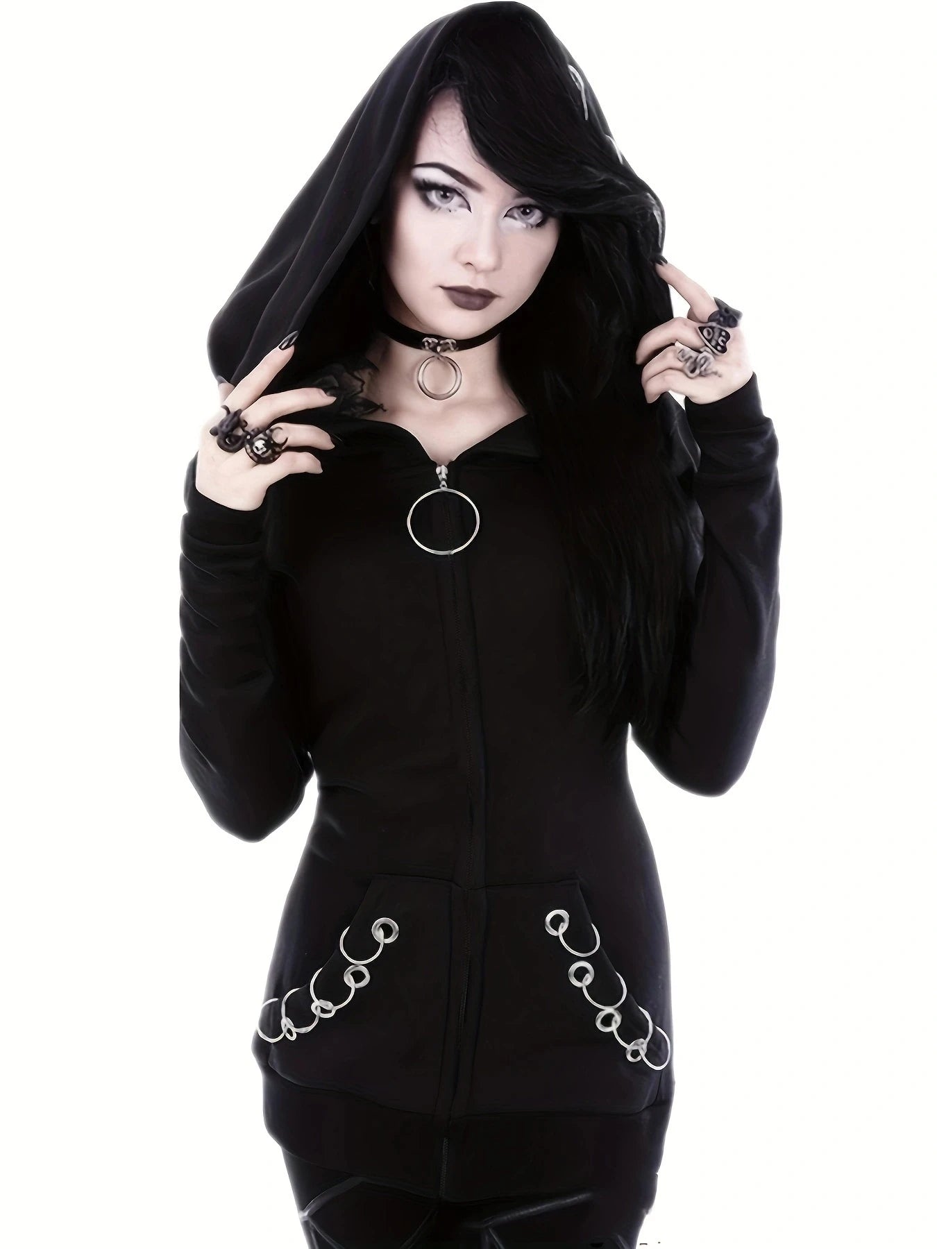 Gothic Punk Full-Zip Hooded Sweatshirt Emo Hoodie Cardigan Jacket
