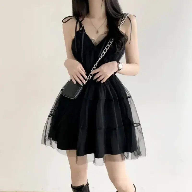 Cute Black Gothic Summer Party Net Dress