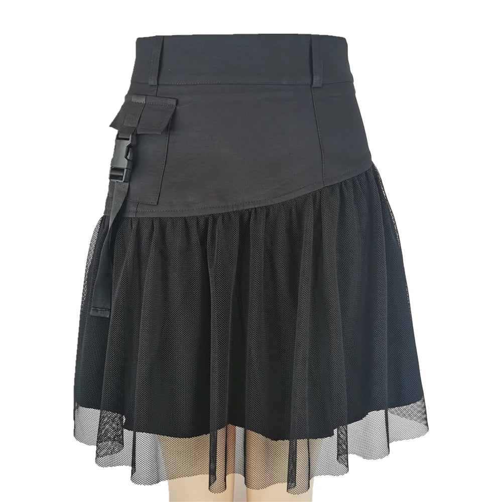 Black Punk Gothic Pleated Net Tulle Pockets Skirt