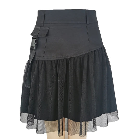 Black Punk Gothic Pleated Net Tulle Pockets Skirt