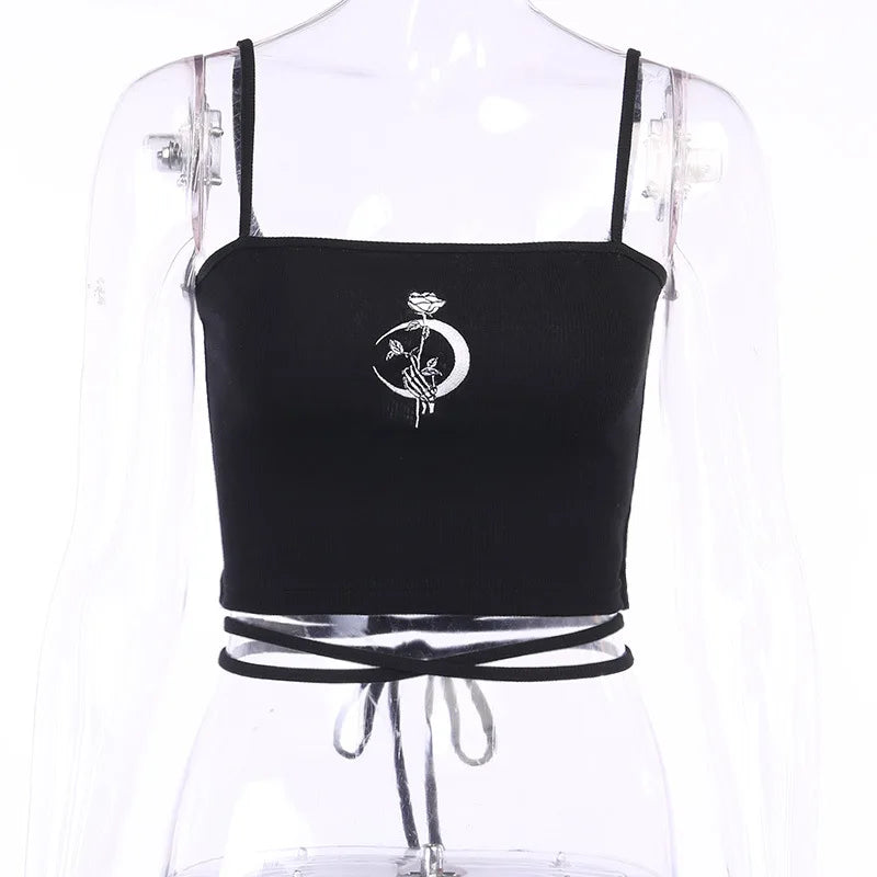 Gothic Black Moon Strappy Summer Crop Top