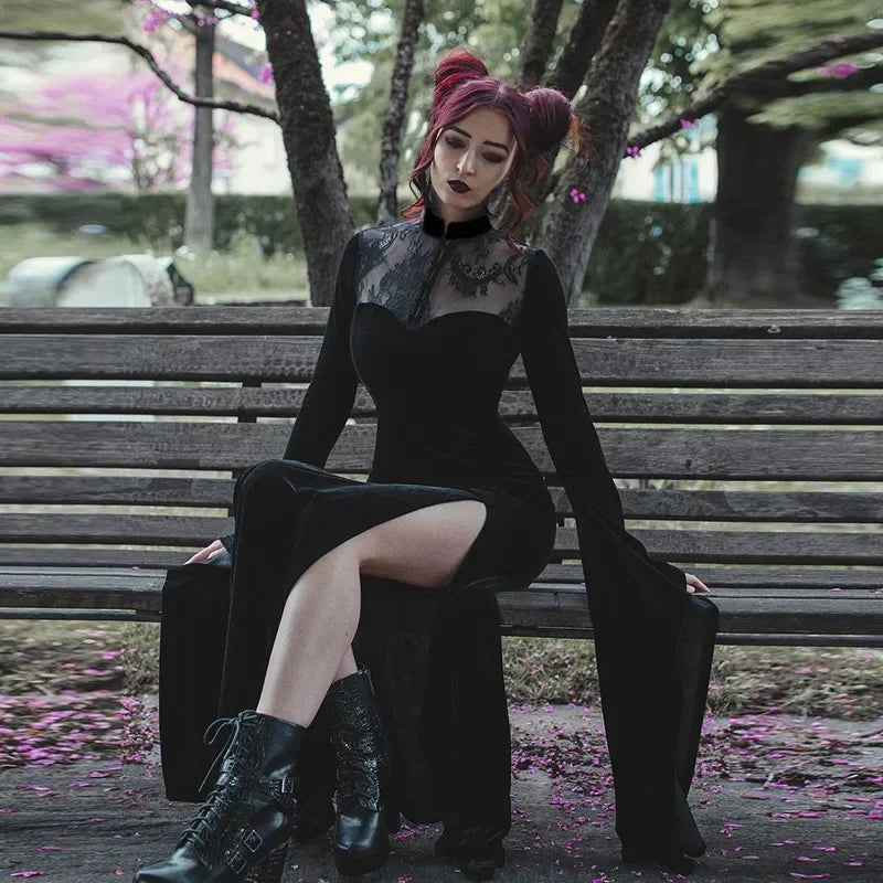 Sexy Black Gothic Velvet Lace Long Black Vampire Witch Dress