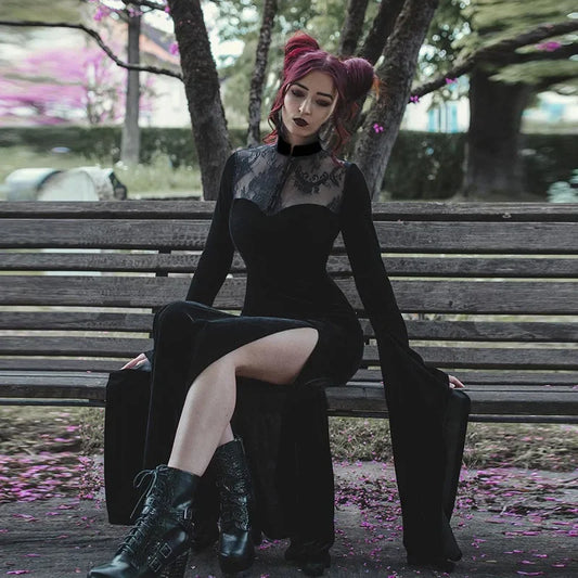 Sexy Black Gothic Velvet Lace Long Black Vampire Witch Dress