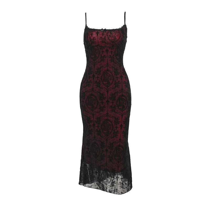 Gothic Black Red Lace Sexy Long Fishtail Dress