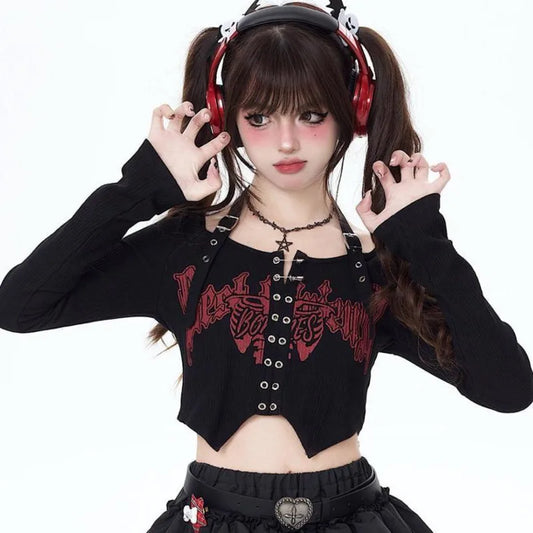 Gothic Punk Black Long Sleeve Crop Top Buckle Strap