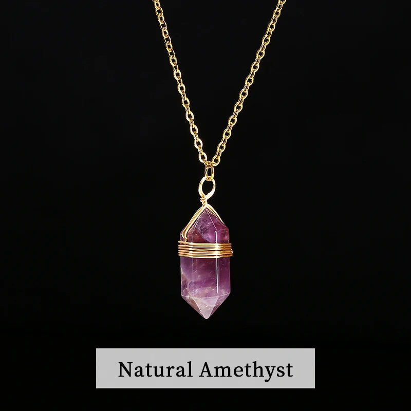 Crystal Pendant Necklace Handmade Stainless Steel Gift Pink Quartz Amethyst Hexagon
