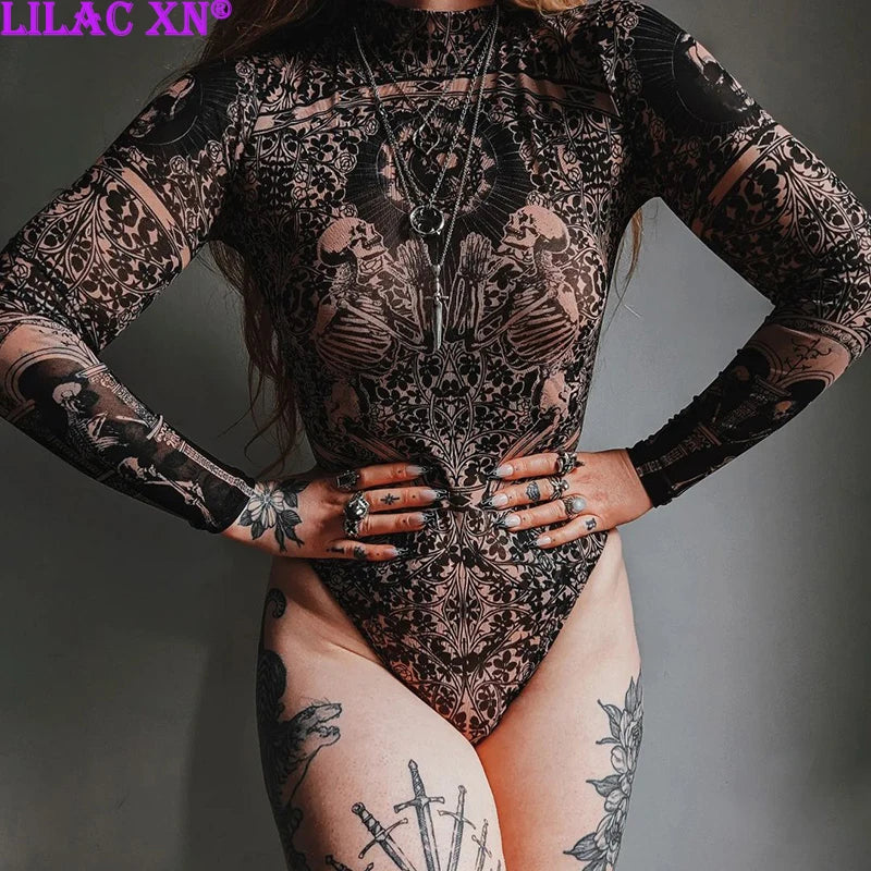 Black Gothic Print See Through Bodycon Mesh Sheer Bodysuit