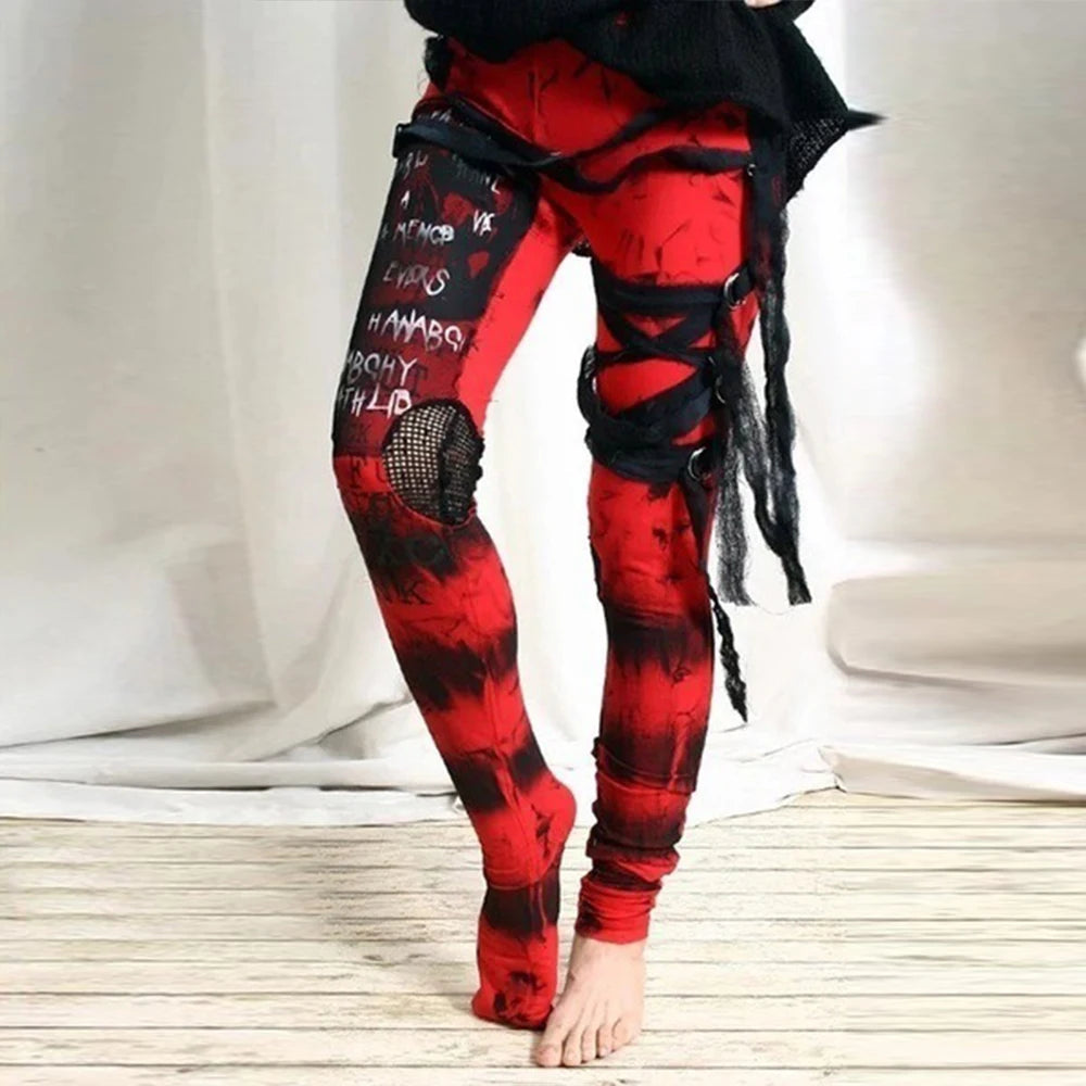 White Black Women's Gothic Steampunk Printed Mesh Spliced Leggings Jeggings Grunge Trousers