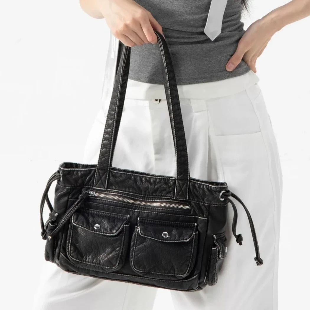 Punk Multiple Pockets Motorcycle Bag Retro Shoulder Bags Soft Pu Leather Handbags