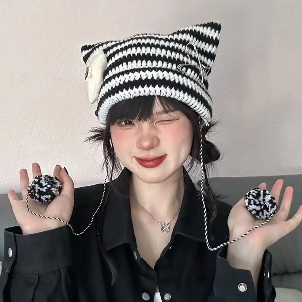 Cat Ears Pointed Striped Devil Star Knit Emo Pom Pom Beanie Hat