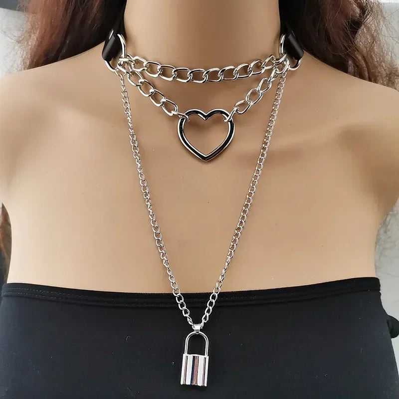 Bondage Sexy Heart Lock Key Rivets Black Goth Punk Chokers Gothic Collar