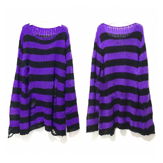 Punk Gothic Purple Black Loose Knit Long Unisex Sweater Alternative Striped Ripped Jumper