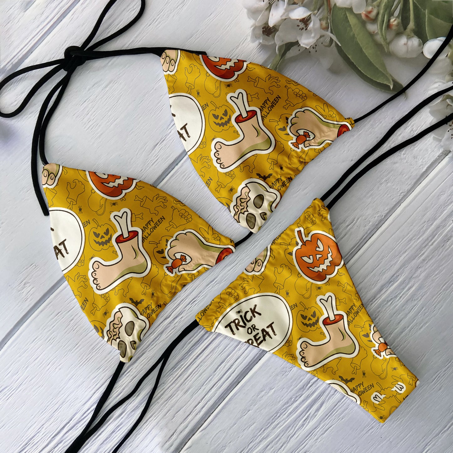 Sexy Halloween Gothic Skeleton Print Halter Bikini Swimwear