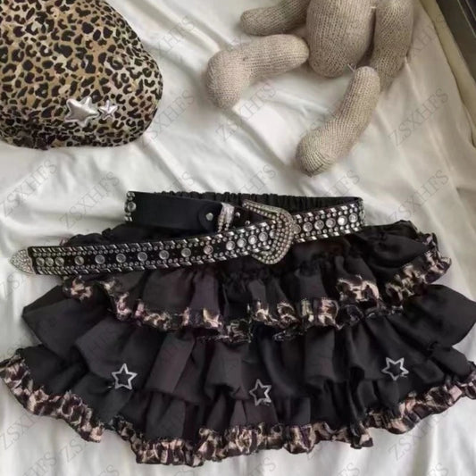Gothic Sexy Leopard Print Ruffle Layered Mini Skirt